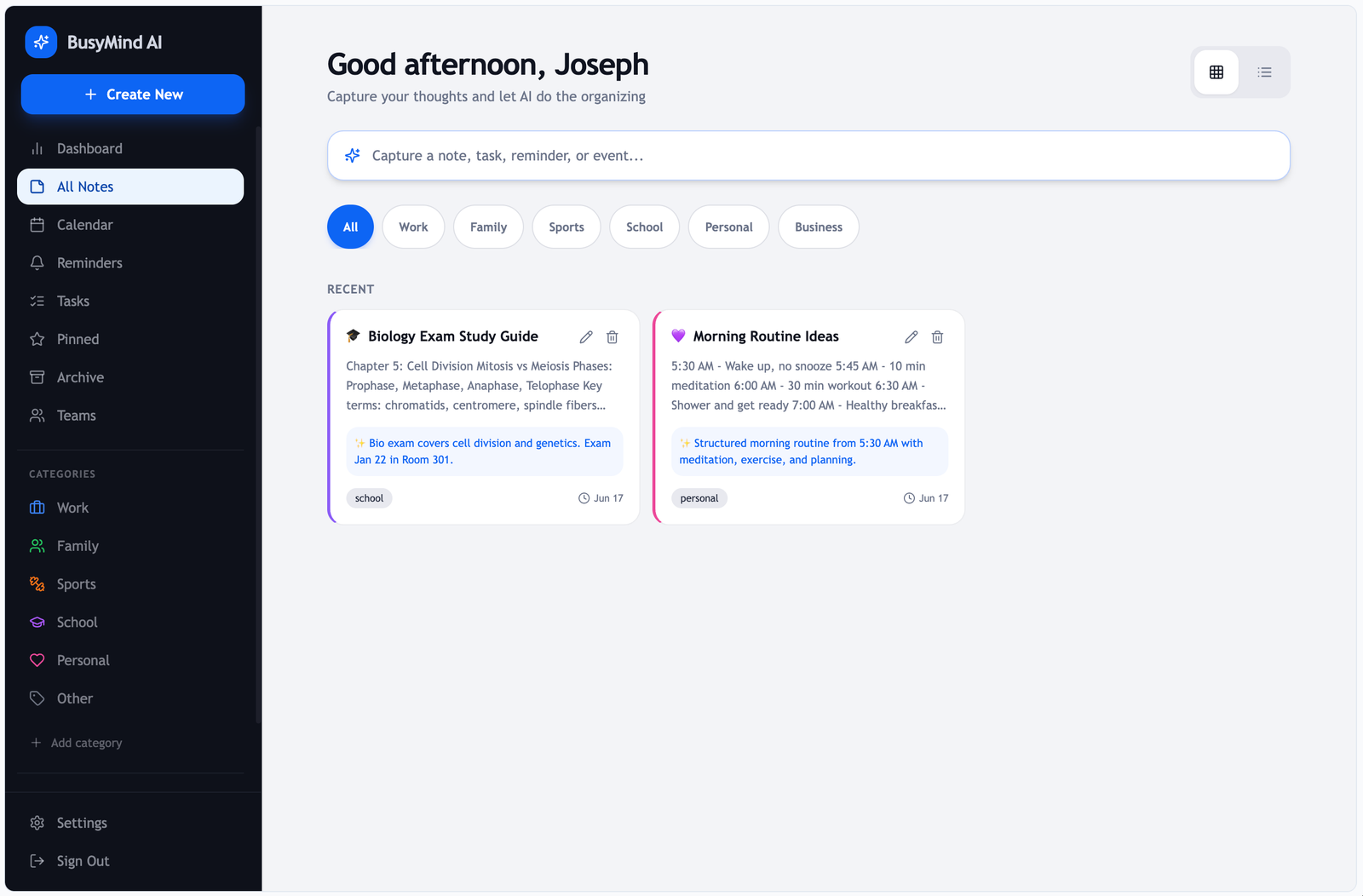 BusyMind AI notes dashboard on desktop web