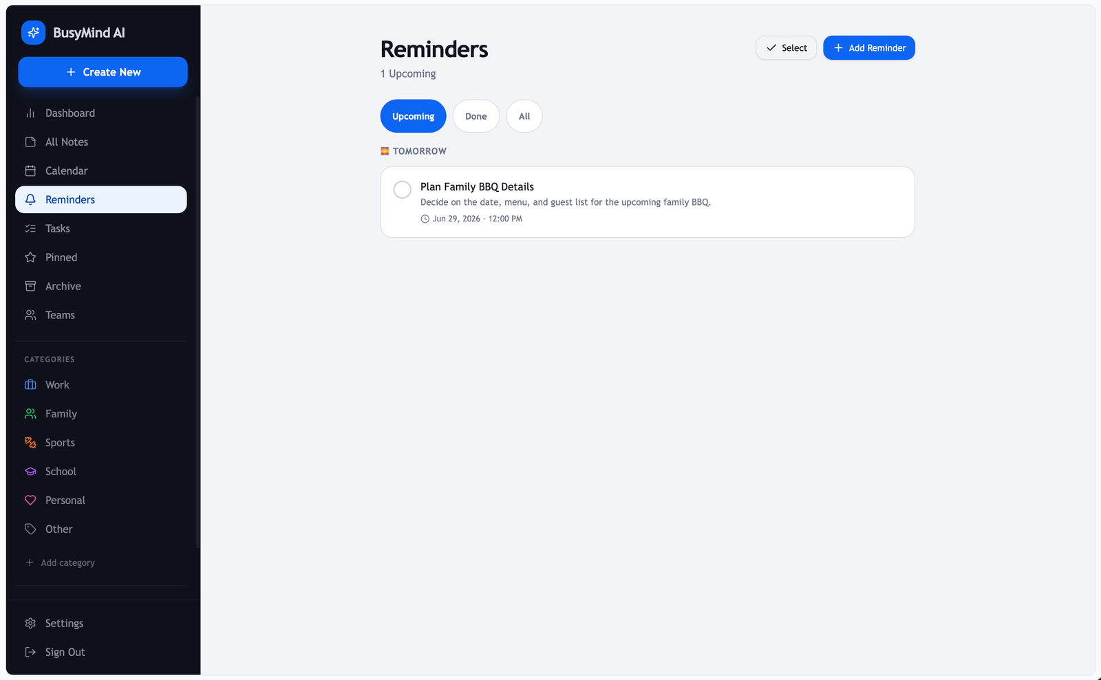 BusyMind AI reminders on desktop web