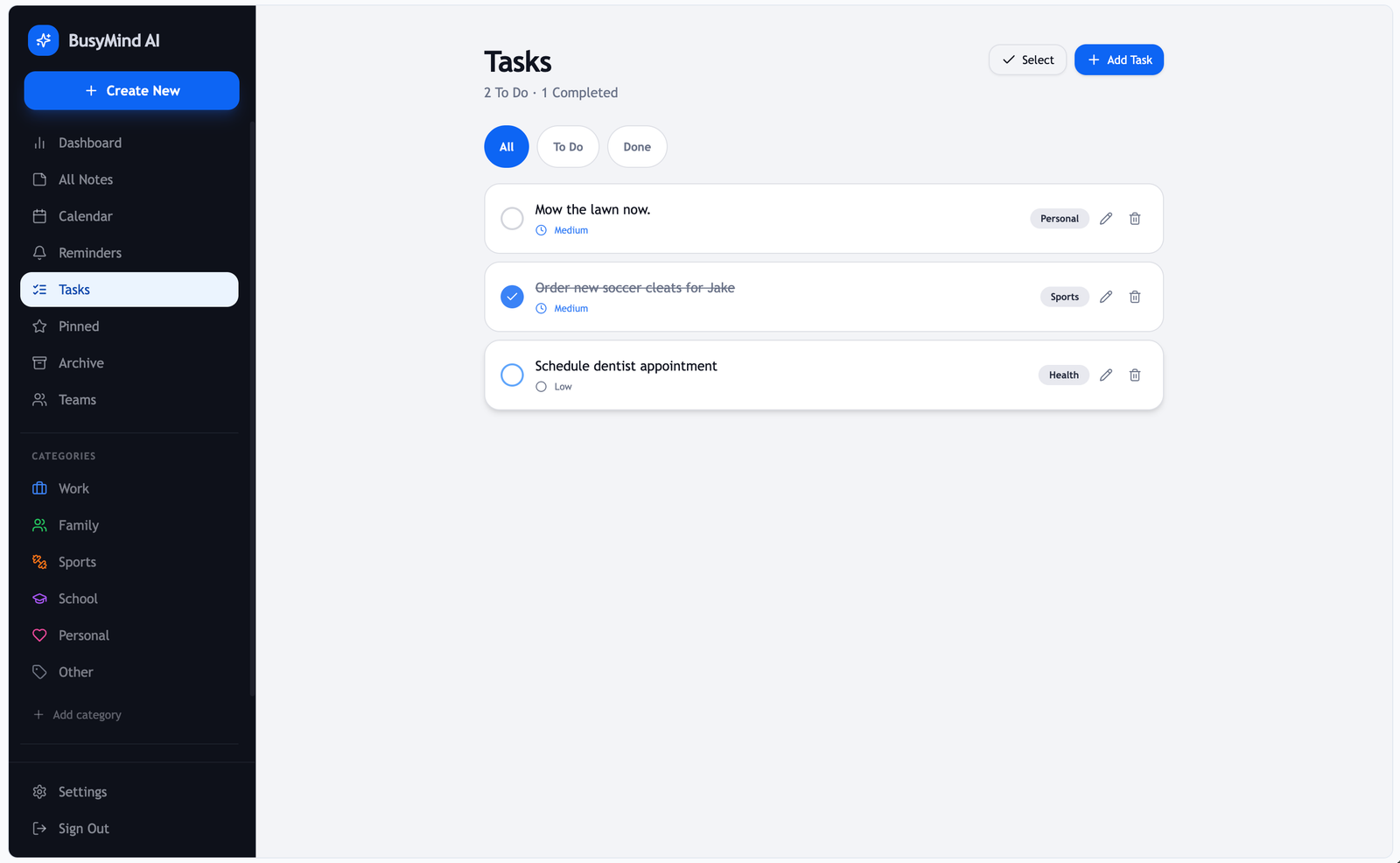 BusyMind AI tasks list on desktop web